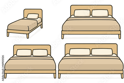 Collection of minimalist beds in various sizes. Modern wooden furniture for bedroom interior design. Vector icon set with single and double beds for comfort and simple living.