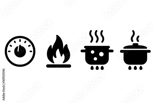 Cooking temperature solid icon set. Vector glyph symbols for food preparation instructions. Oven dial timer, grill flame, boiling water pot, and simmer heat level control.