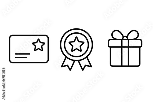 Loyalty rewards program vector icon set. Outline symbols for customer marketing and membership. Includes gift card, award badge, and bonus present for VIP benefits.