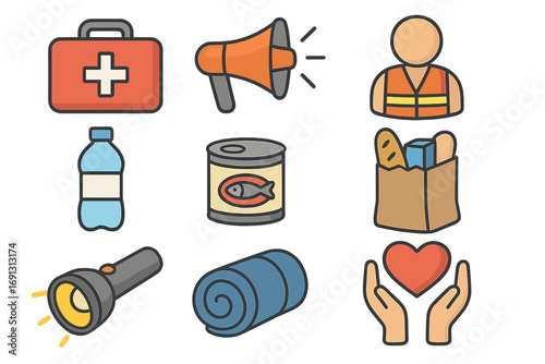 Essential disaster relief icon set for emergency preparedness and aid. Vector illustration of survival kit items like food, water, first aid, and shelter for humanitarian support.