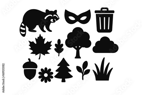 Raccoon silhouette icons set. Vector collection of forest wildlife animal, trash bin, bandit mask, tree, leaf, acorn, flower. Woodland nature elements for design.