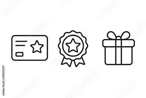 Loyalty rewards program icon set. Customer bonus gift, membership card, and quality award badge symbols. Vector line art illustration for marketing and promotion concepts.