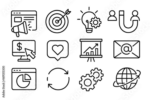 Essential linear icons for digital marketing and online business. Vector set includes SEO, analytics, customer engagement, email, PPC, and social media marketing tools.