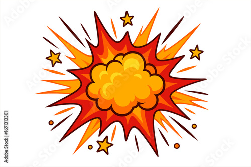 Comic explosion vector illustration. Cartoon bomb blast effect. Bang and boom for pop art design. Dynamic fire burst with stars. Energetic power impact symbol isolated.