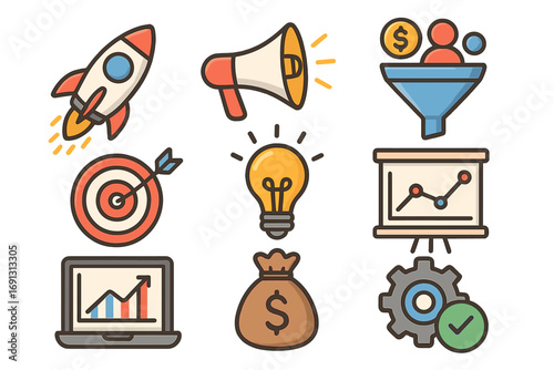 Business growth and marketing strategy vector icon set. Flat cartoon illustration with startup rocket, sales funnel, analytics chart, idea lightbulb, target, and money bag.