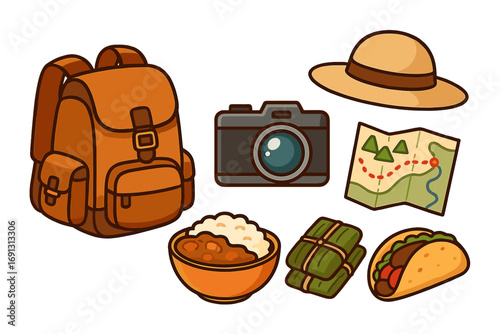 Adventure travel essentials vector set. Cartoon backpack, camera, explorer hat, map, local cuisine, rice bowl, tamale, taco. Travel gear collection for hiking, camping, outdoor journey, food tourism.
