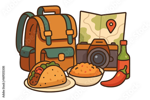 Adventure travel essentials vector illustration, backpack, camera, map, local cuisine, taco, rice, hot sauce, chili pepper, exploring food, journey, vacation, cartoon, transparent background