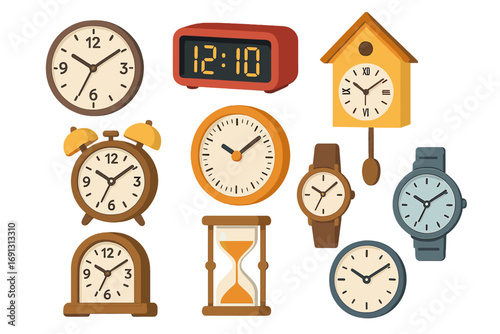 Clock collection flat vector illustration set. Various types of timekeeping devices. Wall clock, digital, alarm clock, cuckoo, wristwatch, hourglass. Time concept icons.