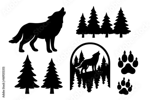 Wolf silhouette howling set. Vector collection of forest elements with pine trees, animal paw tracks. Wildlife logo emblem design. Wild canine in nature, black isolated shapes.