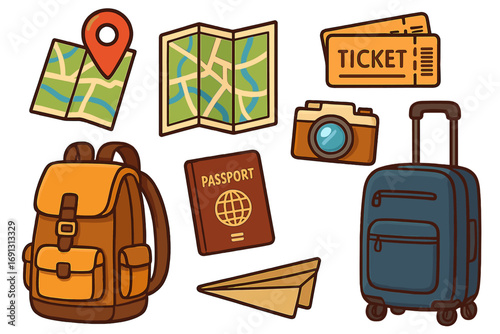Essential Travel Preparation Elements Cartoon Vector Illustration. Backpack, Suitcase, Passport, Tickets, Paper Map, Location Pin, Travel Camera, Paper Airplane. Vacation Adventure Packing Kit