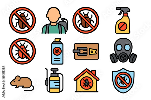Pest control service icon set. Exterminator tools, rodent trap, bug spray, and insect prevention signs. Vector symbols for disinfection and sanitation management collection.
