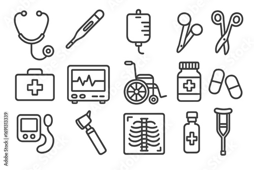 Medical equipment icon set. Healthcare and hospital outline symbols. Diagnostics, pharmacy, and emergency medicine vector icons. Stethoscope, wheelchair, x-ray illustration.
