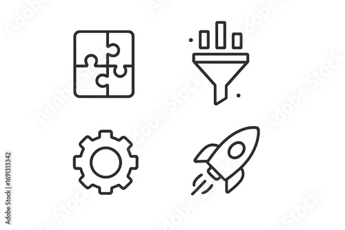 Data analytics and business strategy linear icon collection. Funnel, puzzle, gear, and rocket for startup growth, marketing conversion, and project development concepts.