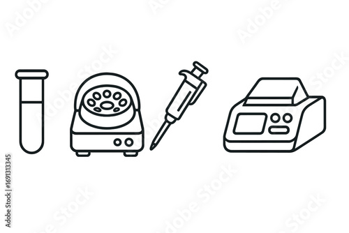 Medical equipment line icons set for science and research. Vector illustrations of a test tube, centrifuge, micropipette, and PCR machine for laboratory analysis or diagnostics.