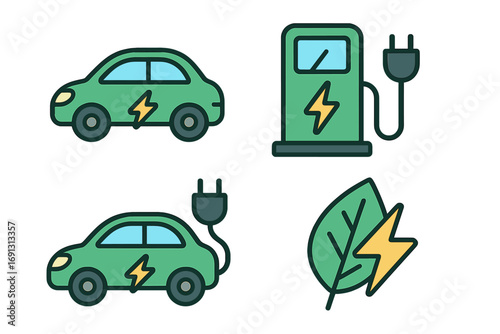 Electric car and EV charging station icon set. Vector icons of green energy, sustainable transport. Eco friendly automobile, battery charge point, and leaf symbol. Renewable power.
