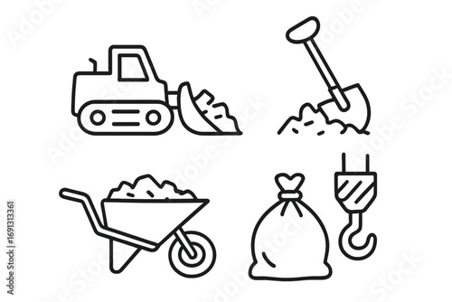 Debris removal outline icons. Construction waste cleanup icon set. Vector bulldozer, shovel, wheelbarrow, garbage bag, and crane hook for demolition and junk removal.
