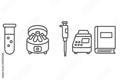Medical laboratory equipment line icons. Test tube, centrifuge, micropipette, PCR machine, book. Science, research, biology, molecular, chemistry, genetics, DNA, diagnostics vector set.