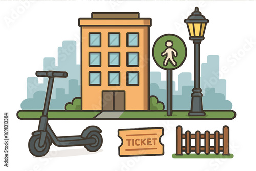 Urban city landscape vector illustration with modern electric scooter, city building, pedestrian sign, lamp post, ticket, wooden fence, green sidewalk, urban mobility concept, cartoon style