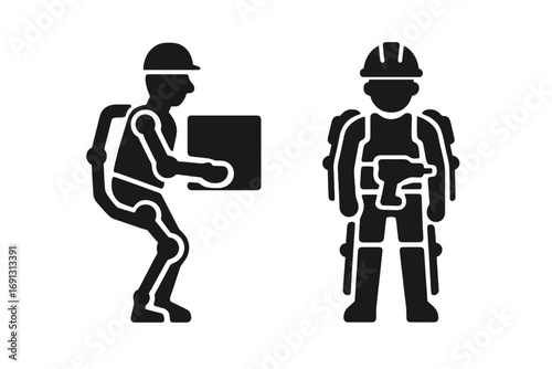 Exoskeleton occupations icon set. Warehouse worker lifting a heavy box, construction worker with a power tool. Industrial powered armor for manual labor and lifting support.