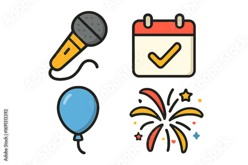 Celebration party event icon set. Vector cartoon illustration. Microphone for concert, calendar for date reminder, balloon for holiday, fireworks for new year anniversary.