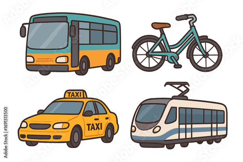 Urban transportation collection set, vector cartoon icons of city bus, yellow taxi cab, bicycle, modern tram, eco-friendly travel options, public transit, ride sharing, urban mobility concept