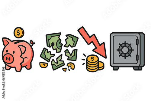 Financial crisis concept with broken piggy bank, money loss, and downward arrow. Economic recession, bankruptcy, and debt metaphor. Savings failure and poverty cartoon vector set.