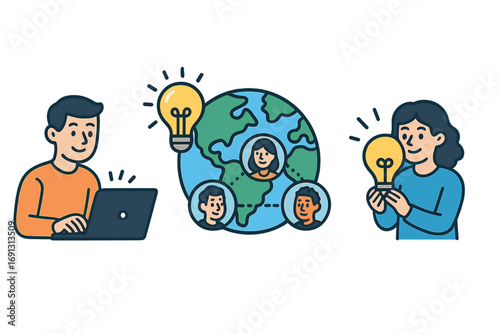 Global collaboration for innovative ideas. Teamwork and digital connectivity concept. Man and woman sharing ideas online. Worldwide business innovation and modern technology.
