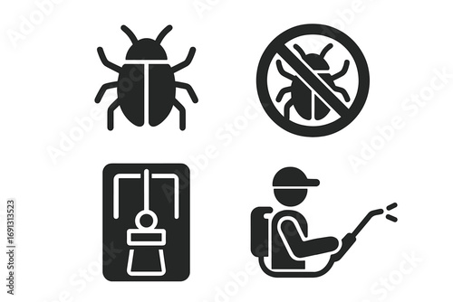 Pest control solid icon set with bug, insect, trap, and pest management symbols. Vector cartoon illustration for exterminator, fumigation, and disinfection service concepts.