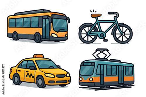 Modern urban transportation modes cartoon vector set. City transport illustration with bus, taxi, tram, bicycle. Public transit vehicles collection. Flat isolated clipart for mobility concepts.