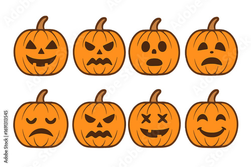 Halloween pumpkin faces vector set showing various emotions, cartoon jack o lanterns, spooky happy sad angry shocked expressions, minimalistic illustration, transparent background, autumn decoration