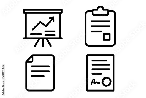 Business documents icon set. Vector line art collection. Presentation board with growth chart, financial report on clipboard, contract with signature and seal, paperwork.