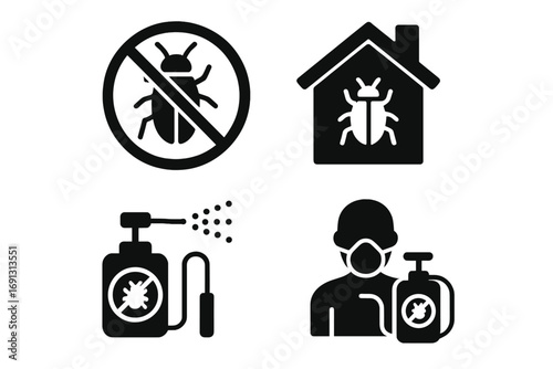 Pest control solid icon set. Infestation, prevention, and solution concepts. Vector glyph collection with exterminator, spray, no bugs sign, and home insect problem.