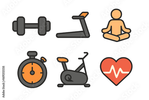 Fitness icon set for gym workout. Vector illustration of dumbbell, treadmill, yoga, timer, exercise bike, heart rate. Flat cartoon style for health and cardio design.