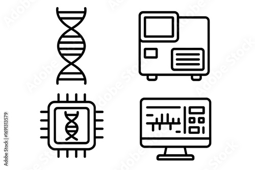 Genomic diagnostics outline icons. Genetic sequencing, DNA analysis, bioinformatics concept. Vector icon set with DNA helix, laboratory sequencer, gene chip, and data screen.