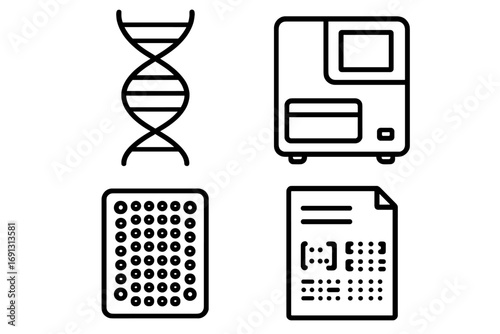 Genomic diagnostics outline icon set. Gene sequencing, DNA helix, lab sequencer, and microarray icons for bioinformatics, genetics research, and medical data analysis.