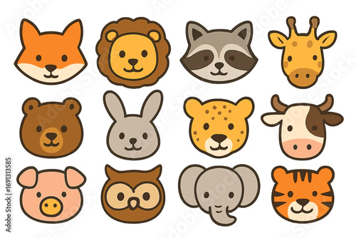 Cute Animal Faces Collection Cartoon Vector Set. Fox, Lion, Raccoon, Giraffe, Bear, Bunny, Cheetah, Cow, Pig, Owl, Elephant, Tiger. Playful Minimalist Icon Design for Kids Transparent Background