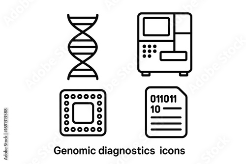 Genomic diagnostics outline icon set. Gene sequencing, DNA analysis, bioinformatics, and biotechnology concepts. Vector line art icons of DNA helix, sequencer, and data.