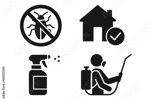 Pest control solid icon set. Infestation prevention and solution glyphs. Exterminator, fumigation, spray, anti-bug symbols. Disinfection service vector signs.