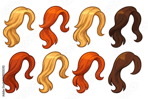 Woman hair set cartoon vector. Various hairstyles and colors. Blonde, redhead, brunette wigs. Female character generator kit asset. Fashion and beauty illustration element.