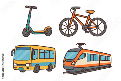 Urban Transportation Vector Illustration Featuring Electric Scooter, Bicycle, Public Bus, and Modern Train. Cartoon Commuter Vehicle Set for City Transit, Eco-Friendly Travel, Transparent Background
