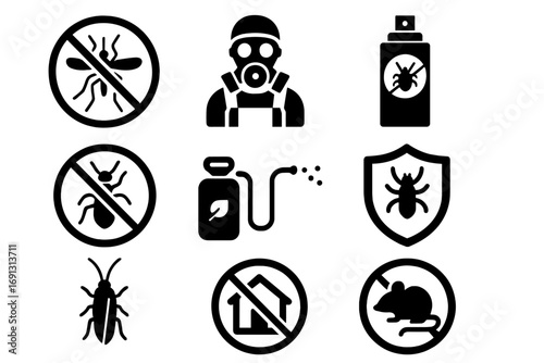 Pest control solid icon set. Insect prevention and protection symbols. Extermination service, fumigation, and rodent signs. Vector bug, mosquito, and rat icons collection.