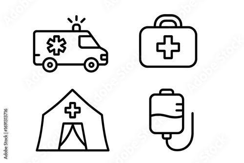 Emergency medical icons set. Outline vector illustration of ambulance, first aid kit, paramedic bag, medical tent, field hospital, IV drip. Healthcare and rescue symbols.