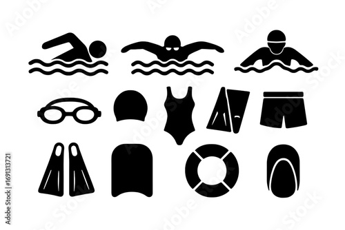 Swimming icons set of swimmer silhouettes, water sport equipment, and pool accessories. Vector cartoon illustration collection for training, lesson, and competition concepts.
