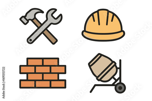 Minimalist construction icon set. Hammer, wrench, hard hat, brick wall, concrete mixer. Vector cartoon graphics for building industry, DIY, repair and maintenance projects.