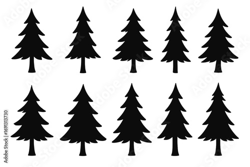 Pine tree silhouettes collection, stylized evergreen forest elements, assorted spruce and fir tree shapes, vector illustration bundle for design, logo, pattern, landscape, transparent background