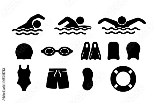 Swimming icons set. Swimmer silhouettes, pool equipment and accessories collection. Vector graphics of swim gear like goggles, cap, flippers, swimsuit, and lifebuoy.