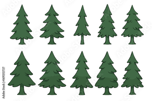Pine tree silhouettes vector illustration. Collection of evergreen conifer tree clipart in various cartoon styles and shapes, isolated forest elements set. Fir, spruce, cedar, pine design resource.