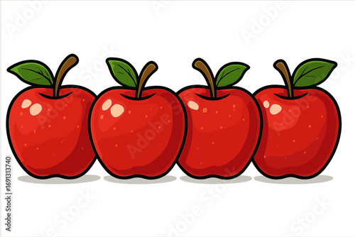Set of fresh red apples with green leaves. Ripe juicy fruit in a row. Vector cartoon graphic icon for healthy organic food, vitamin diet, harvest season or farm market.