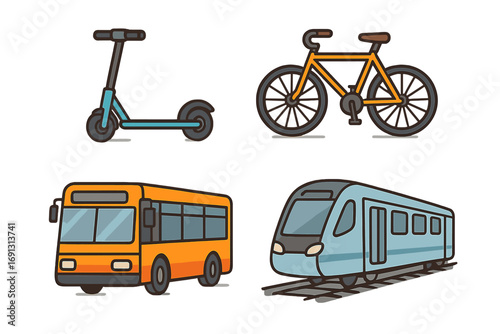 Urban Transportation Modes Vector Set, Electric Scooter, Bicycle, City Bus, Modern Train, Public Transit, Mobility Icons, Sustainable Travel Options, Cartoon Style, Transparent PNG Illustration