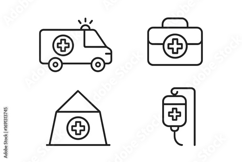 Emergency medical services line icon set. Ambulance, first aid kit, hospital tent, IV drip. Vector graphics for paramedic, healthcare, disaster relief, and urgent care concepts.
